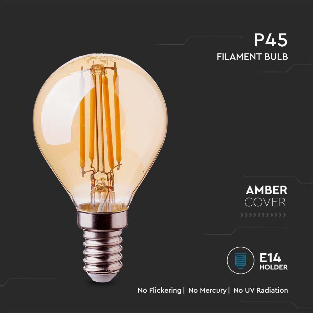 4W P45 Żarówka LED Filament, Klosz Bursztynowy, Barwa:2200K, Trzonek:E14, VTAC, SKU 214499