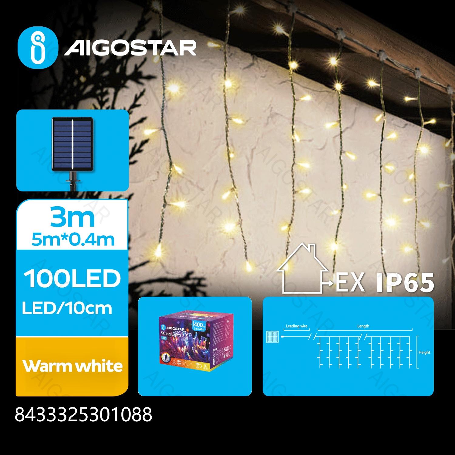 Solar icicle (flush) flat string lights, warm white, 3m+5m*0.4m