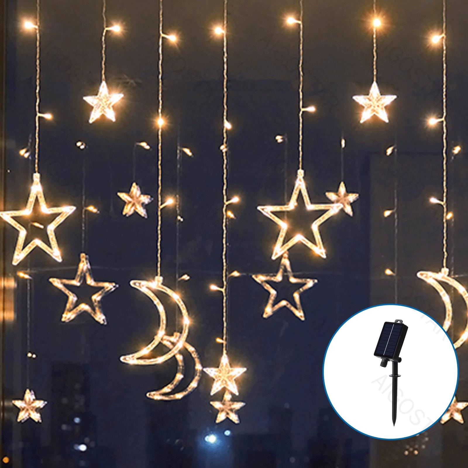 Solar Icicle (Wave) Flat String Lights star and moon pendant-Warm White-3M+3M*0.6M-120LED-12string 60.50.30-transparent wire-8blinkIP44