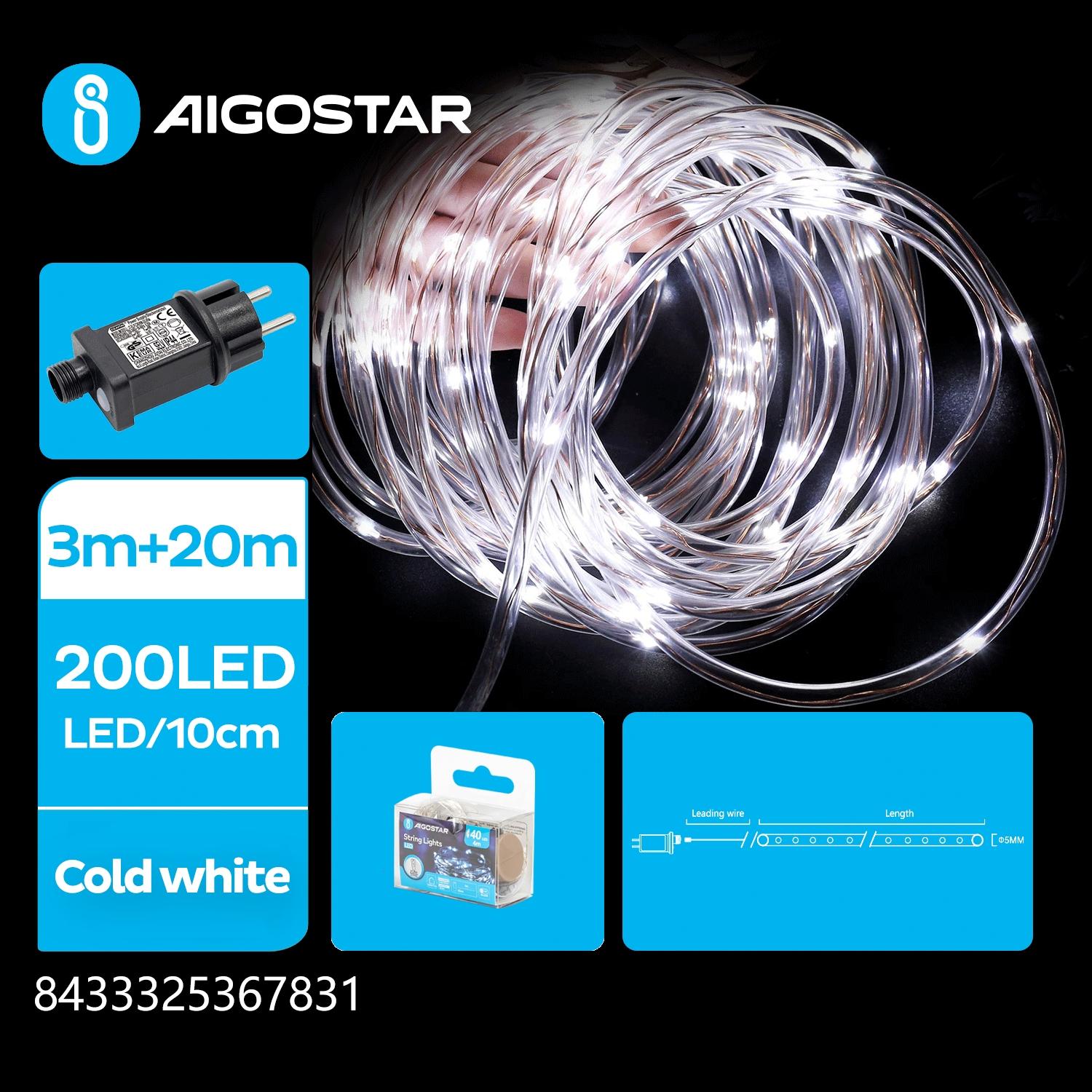 Low-voltage light string, Φ9mm tube lights, cool white, 3m+20m