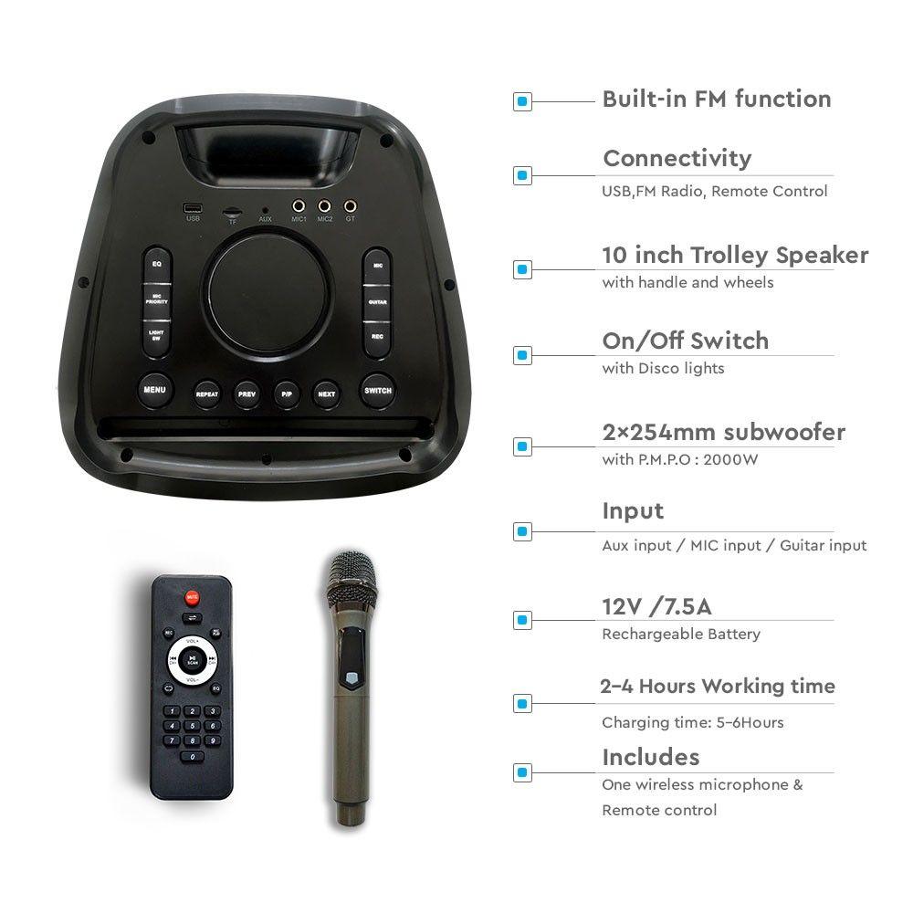 VT-6310-2 100W RECHARGEABLE SPEAKER (TWS FUNCTION) 1 WIRELESS MICROPHONE-RFCONTROL(2*10inch)