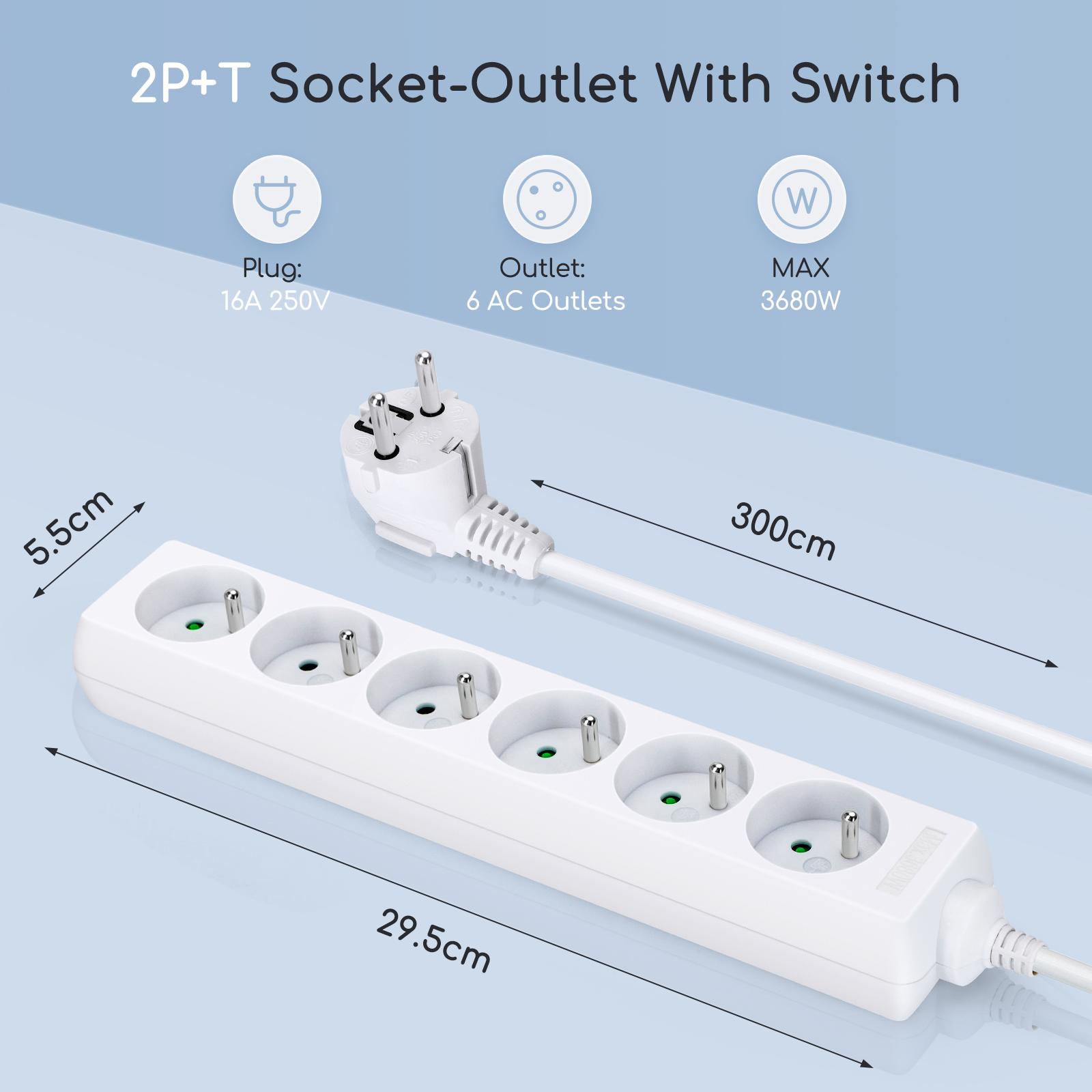 Power strips 6-way 3m H05VV-F 3G1.0m㎡ White