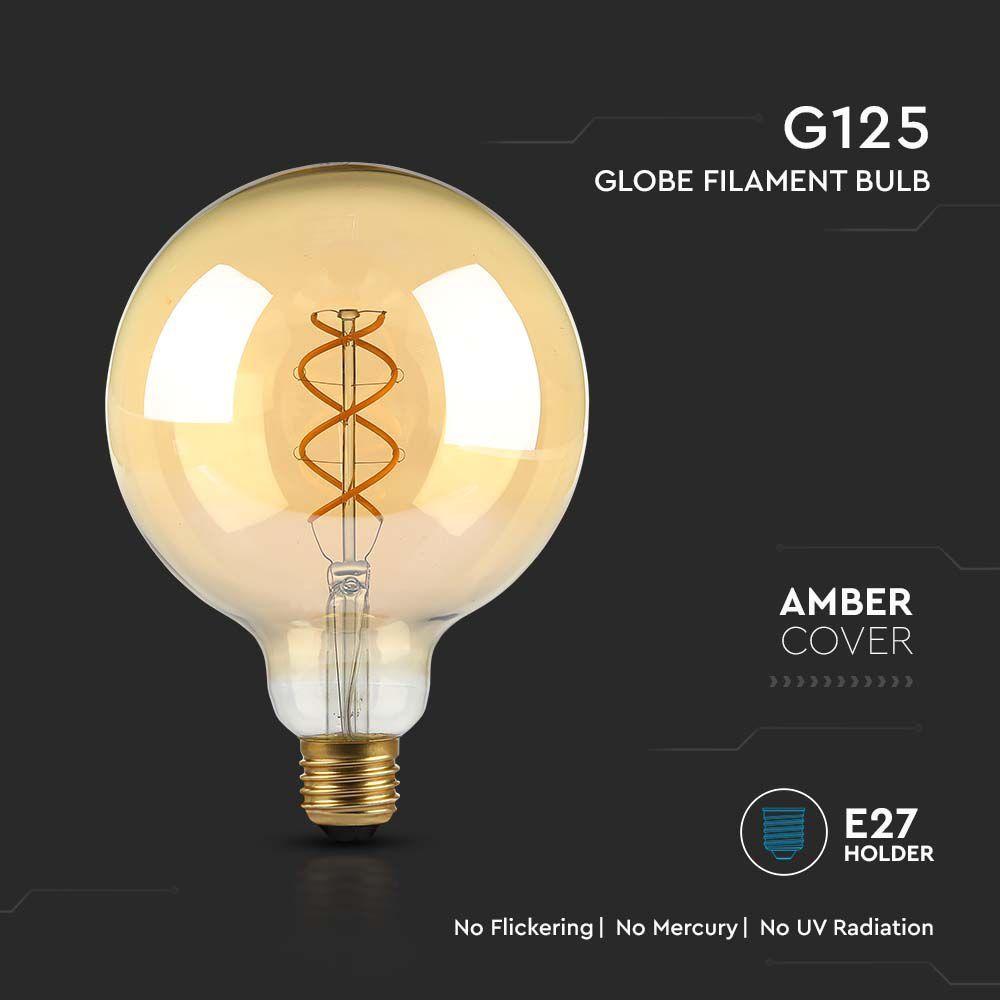 5W G125 Żarówka LED Filament Globe, Barwa:1800K, Klosz: Bursztynowy, Trzonek: E27, VTAC, SKU 217216