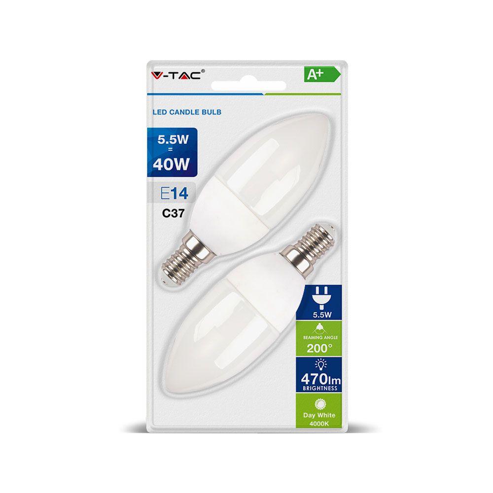 5.5W C35 Żarówka LED, Barwa:2700K, Blister 2 szt., Trzonek E14, VTAC, SKU 7291