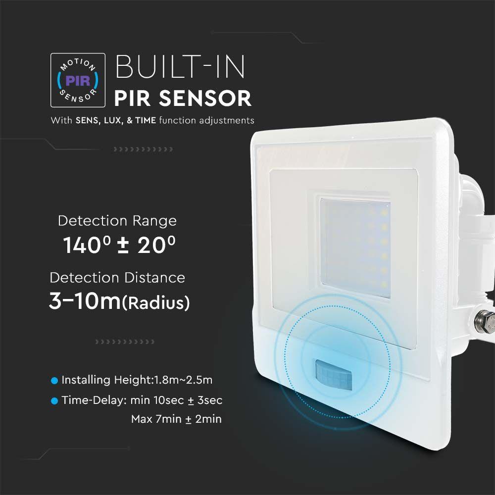 30W Naświetlacz LED SMD z czujnikiem ruchu i mufą kablową, Chip SAMSUNG, Barwa:3000K, Obudowa: Biała, VTAC, SKU 20274