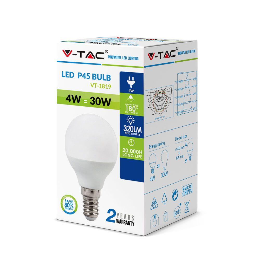 4W P45 Żarówka LED, Barwa:6400K, Trzonek:E14, VTAC, SKU 4124