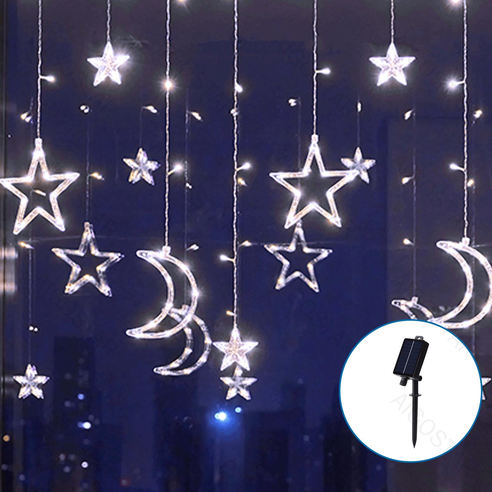 Solar Icicle (Wave) Flat String Lights star and moon pendant-Cool White-3M+3M*0.6M-120LED-12string 60.50.30-transparent wire-8blinkIP44