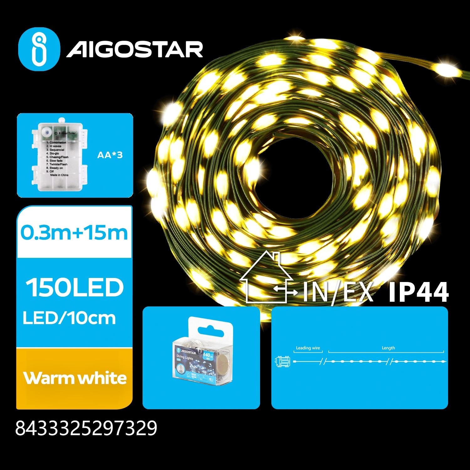 3AA battery string lights (PVC & copper), warm white, 15m