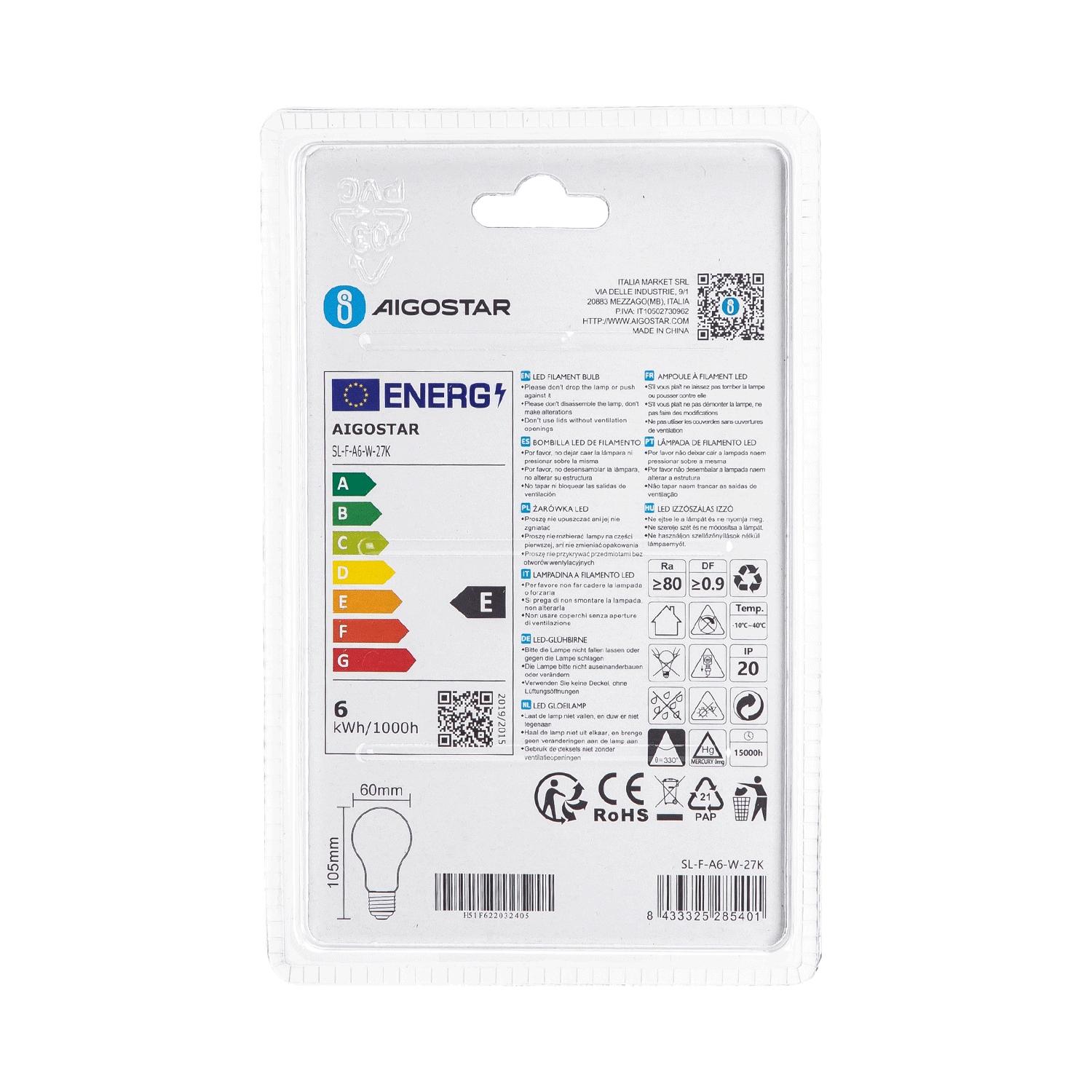 Żarówka LED Filament (Mlecznobiały) A60 E27 6W(6W,700lm,E27,2700K)