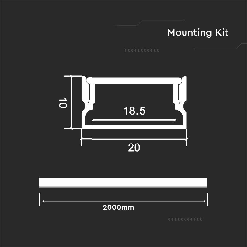 Profil Aluminiowy do paska LED na powierzchniowy, 2000x20x10mm, Klosz: Mleczny, Kolor: Aluminium , VTAC, SKU 23174