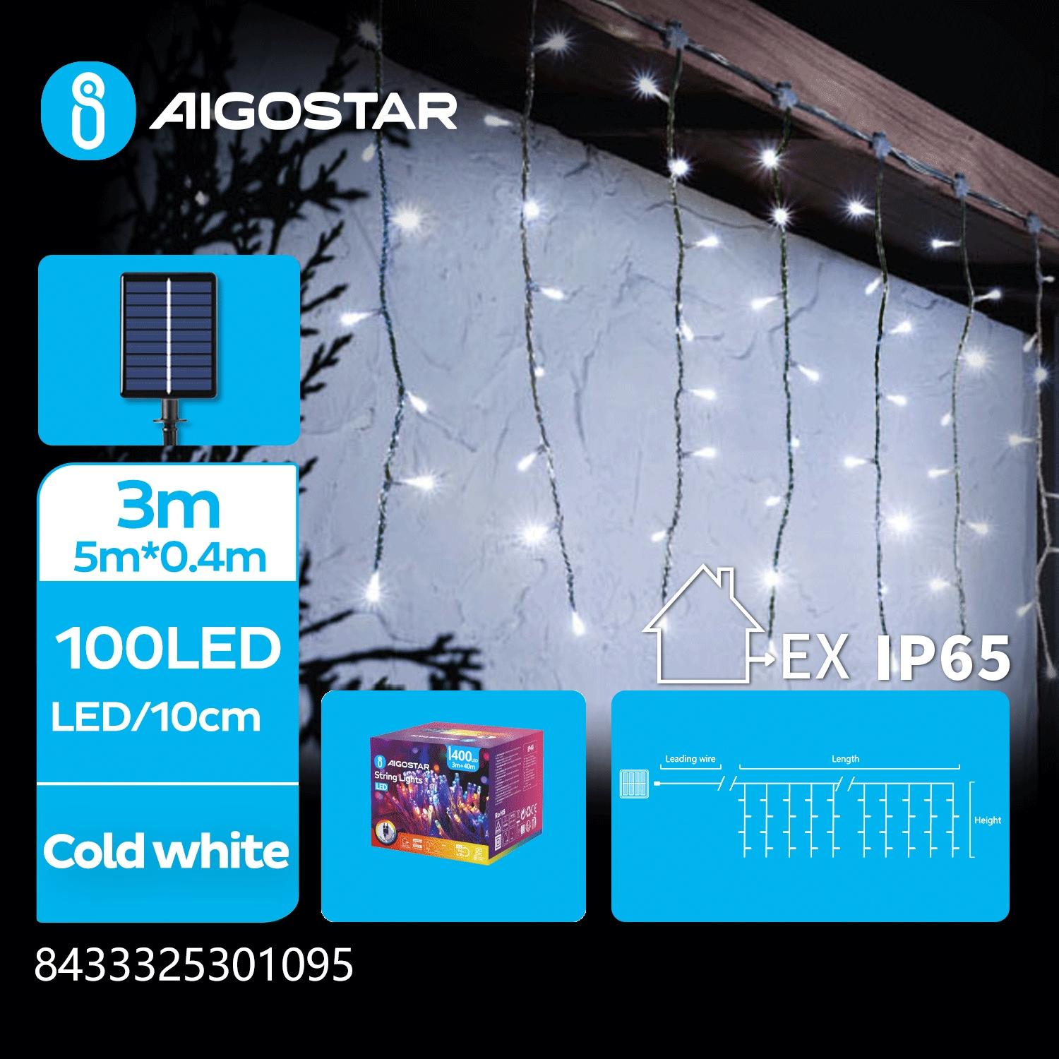 Solar icicle (flush) flat string lights, cold white, 3m+5m*0.4m