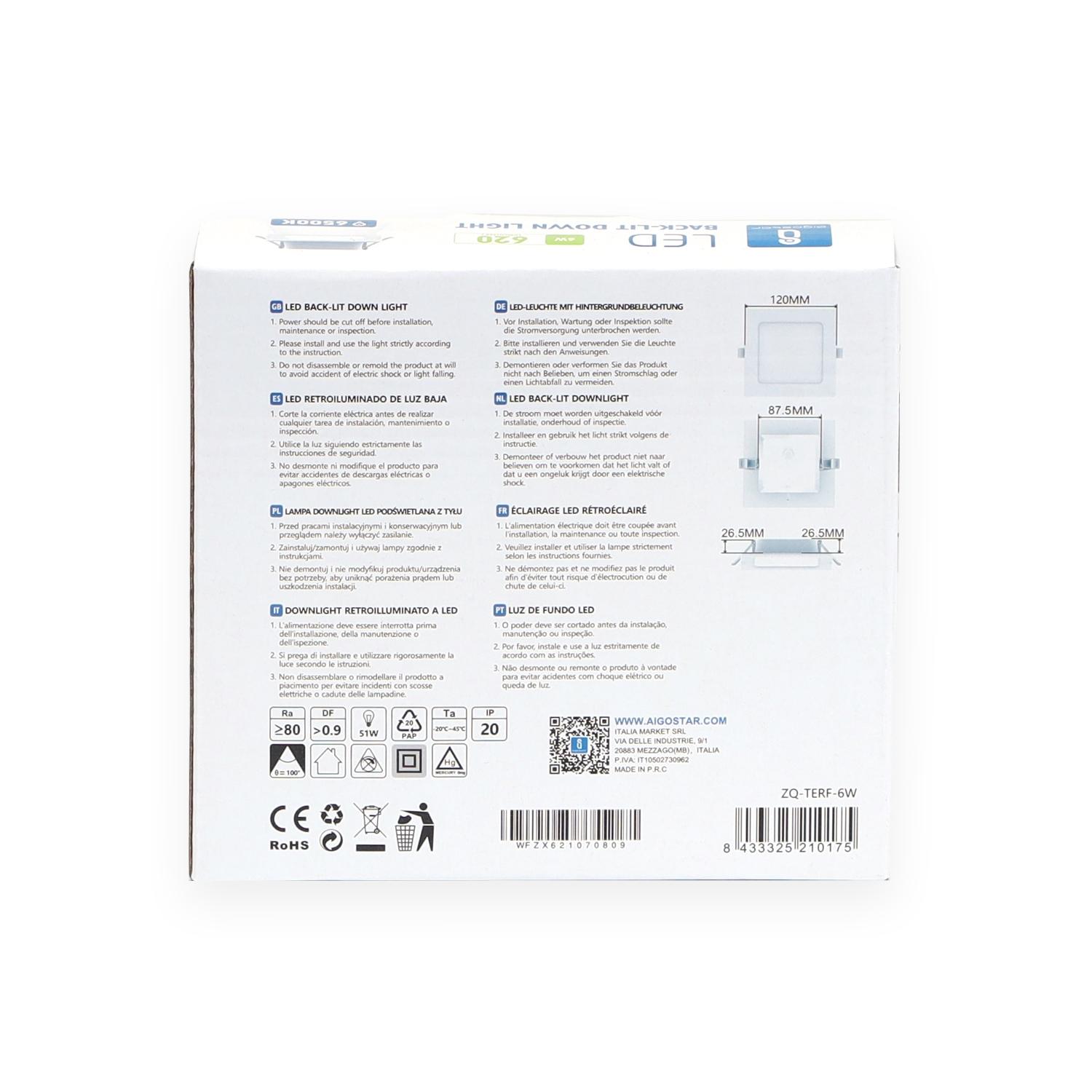 Downlight kwadratowy podtynkowy LED 6W Światło białe