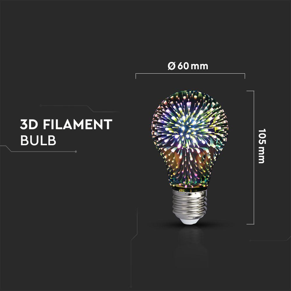 3W A60 Żarówka LED Filament 3D, Barwa:3000K, Trzonek:E27, VTAC, SKU 212704