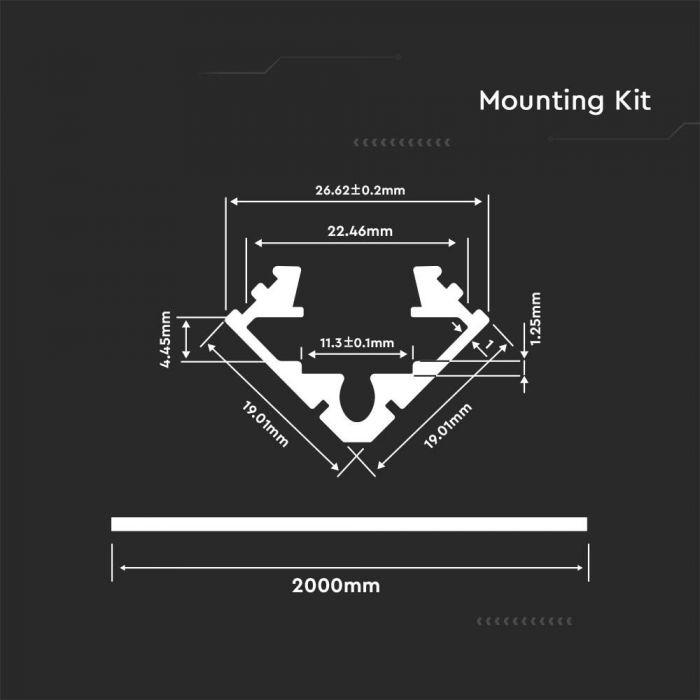 VT-7104 MOUNTING KIT WITH DIFFUSER FOR LED STRIP CORNER 2000MM SILVER(2PCS PACK)