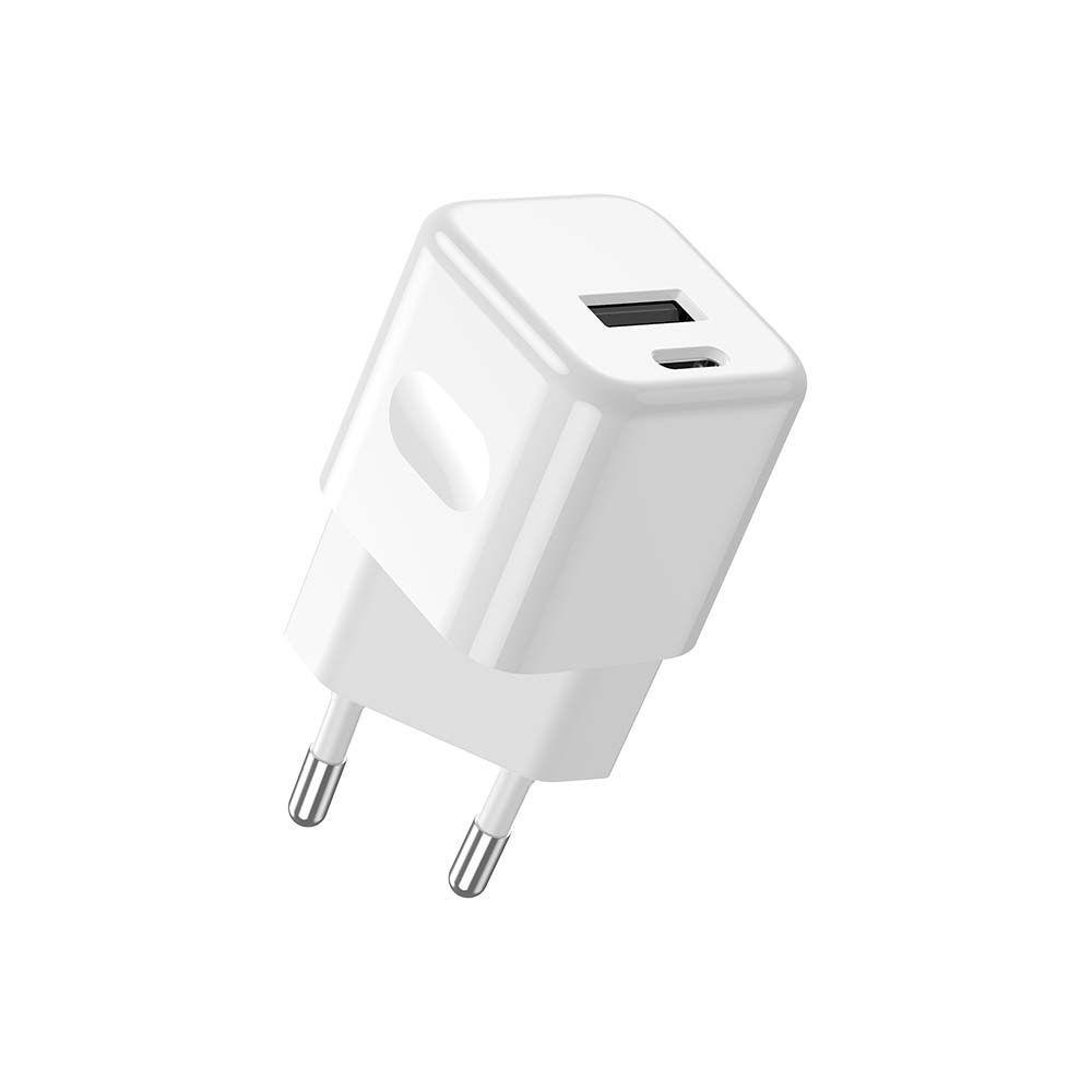 Ładowarka Sieciowa Fast Charger USB + USB C, 20W, Power Delivery, Wtyczka EU, Biała, VTAC, SKU 6678