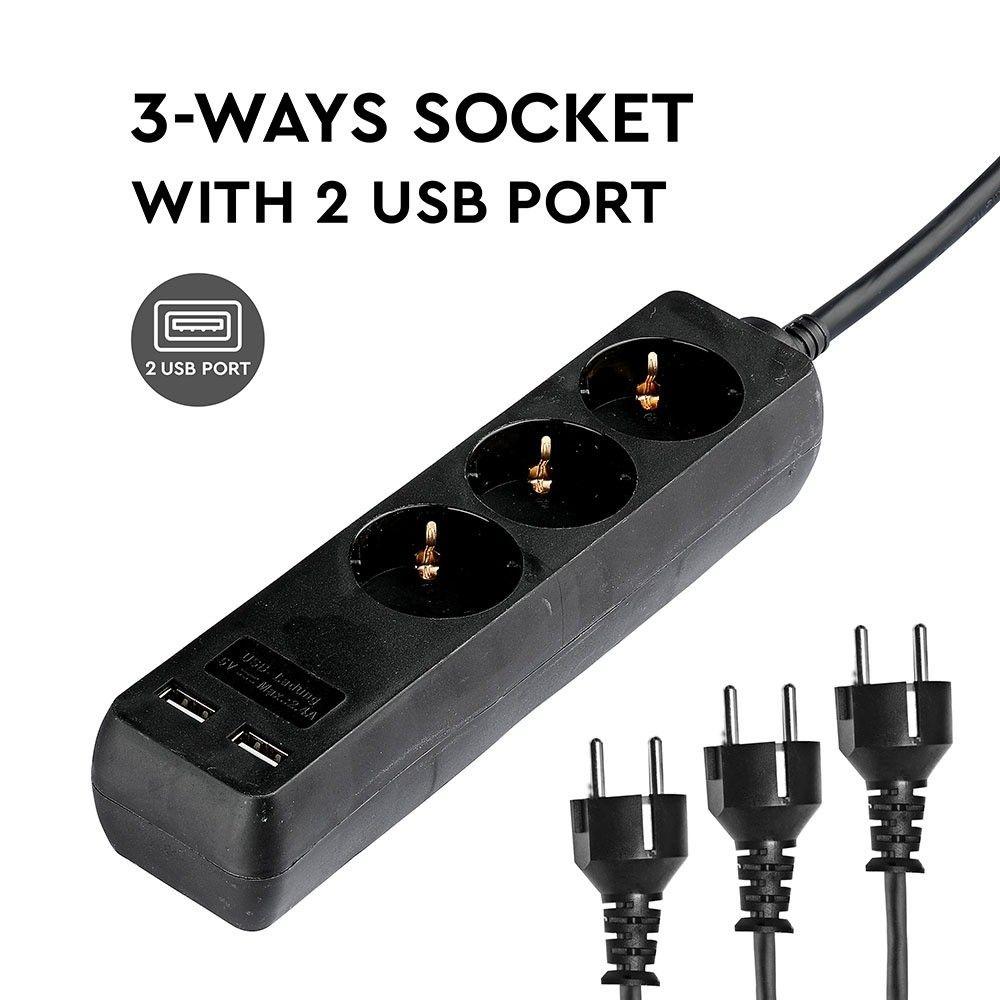 Przedłużacz mieszkaniowy 3 GN. Z portem 2xUSB, 3x1.5 X 5M/ Czarny, VTAC, SKU 8777