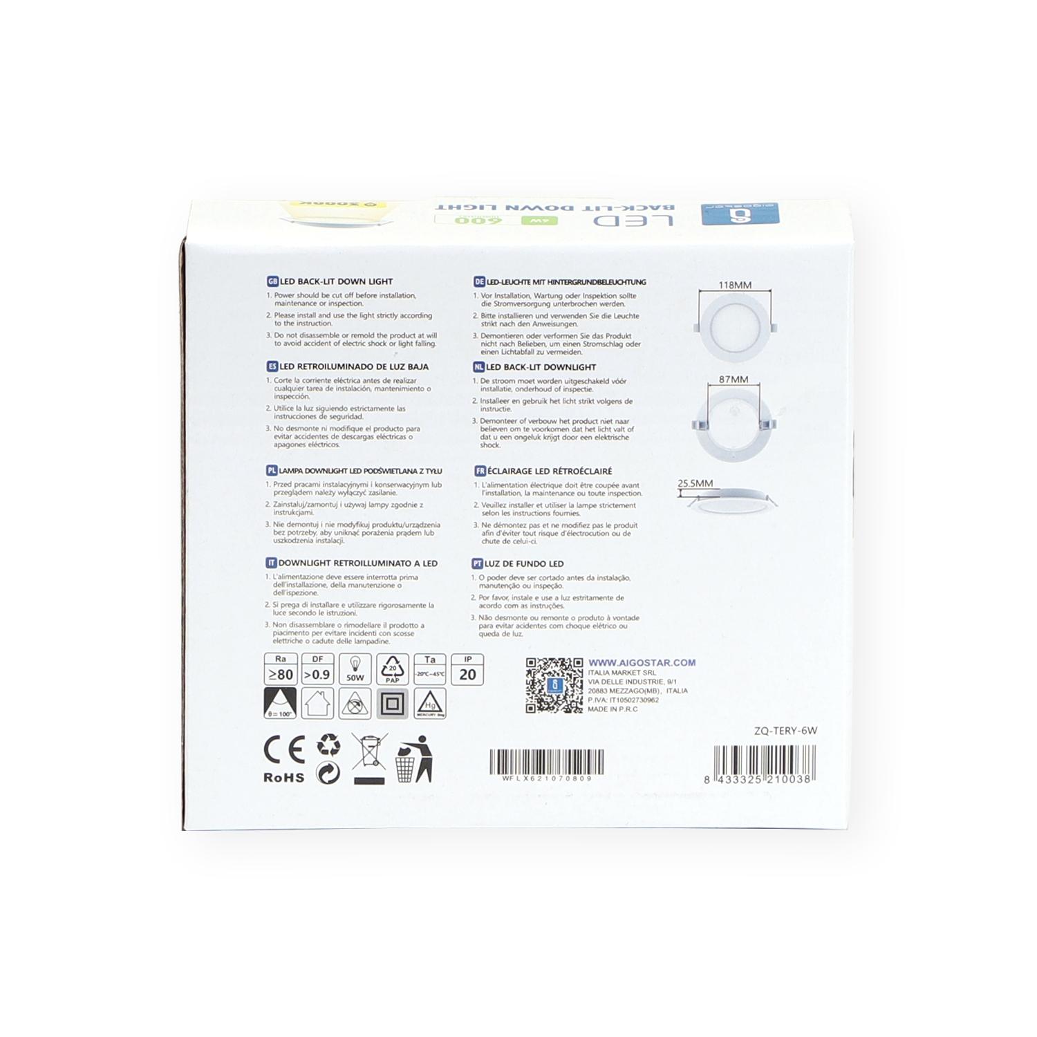 Podtynkowa okrągła lampa LED E6 6W Żółte światło(6W,3000K,Barwa Ciepła,600lm)