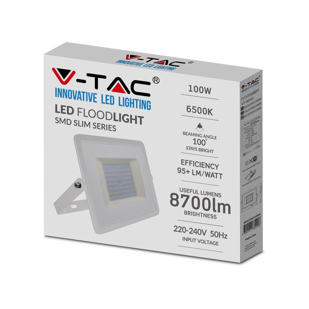 100W Naświetlacz LED SMD, Barwa:6500K, Obudowa: Biała, VTAC, SKU 215969