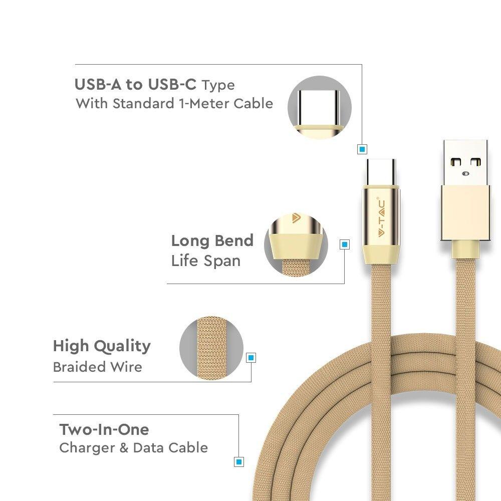 Przewód USB typ: C, 1m, Złoty, VTAC, SKU 8499