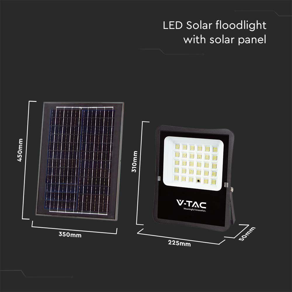 20W Naświetlacz LED solarny, Panel z przewodem, Pilot, Barwa:6400K , Obudowa: Czarna, VTAC, SKU 6970