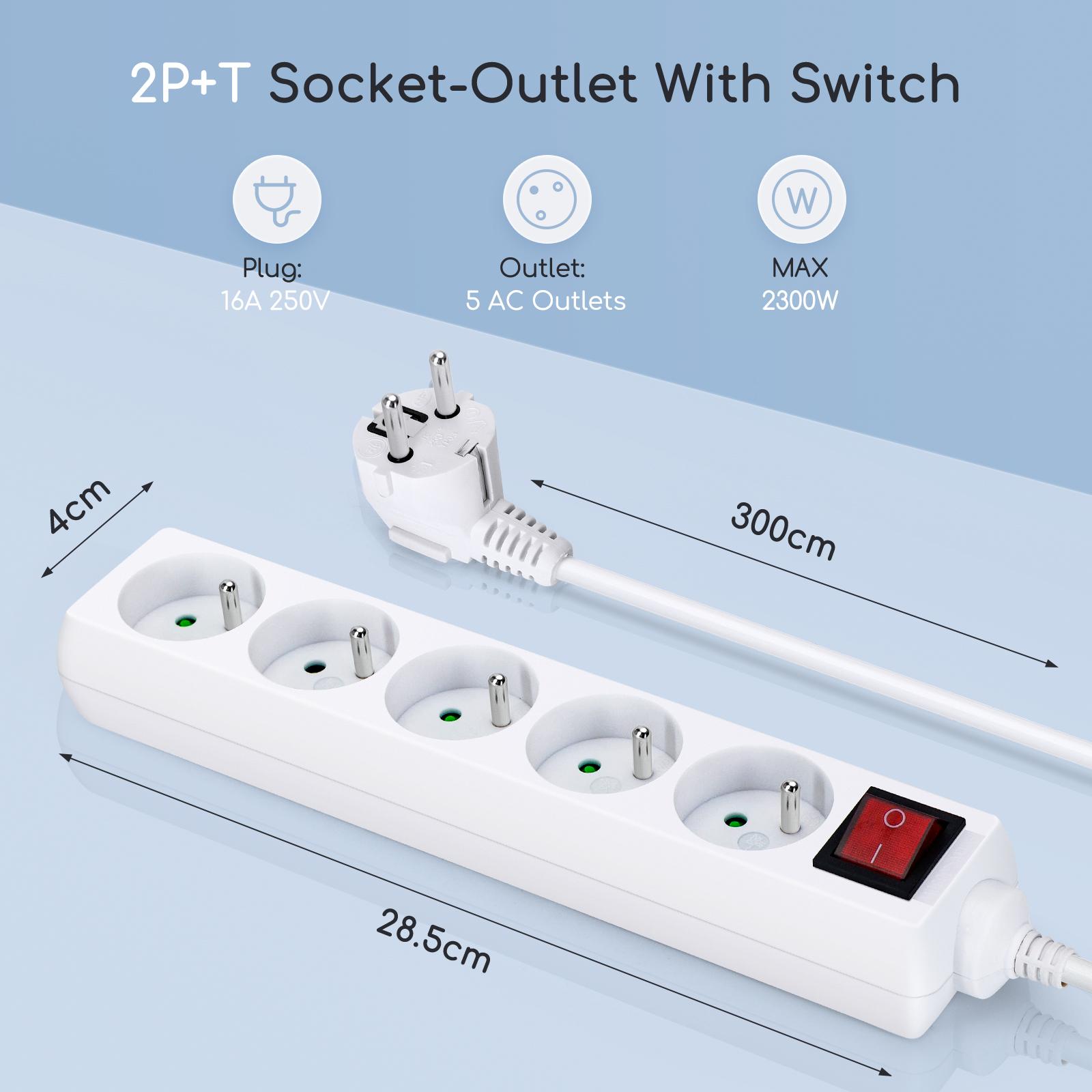 Listwa zasilająca na 5 gniazd typu francuskiego z przełącznikiem 3 m 3G 1.0mm² biała