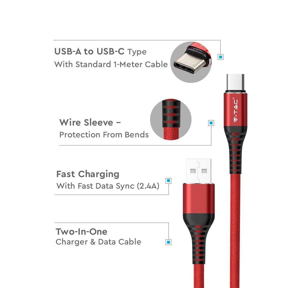 Przewód USB typ: C, 1m, Czerwony, VTAC, SKU 8634