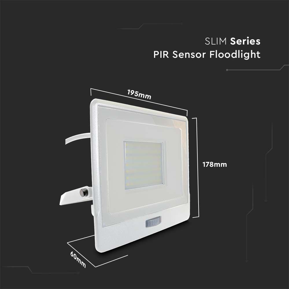 50W Naświetlacz LED SMD z czujnikiem ruchu, Chip SAMSUNG, Przewód: 1m, Barwa:4000K, Obudowa: Biała, VTAC, SKU 20302