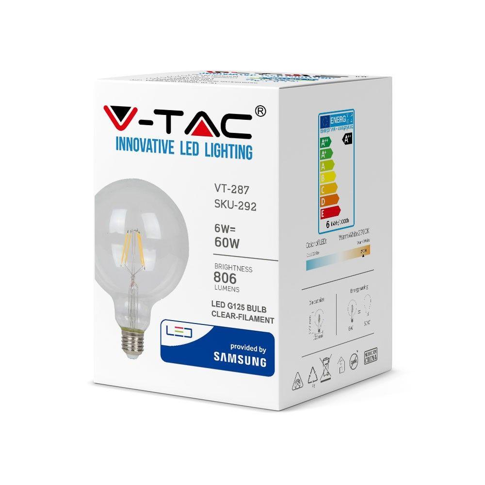 6W G125 Żarówka LED Filament, Chip SAMSUNG, Barwa:2700K, Trzonek:E27, VTAC, SKU 292