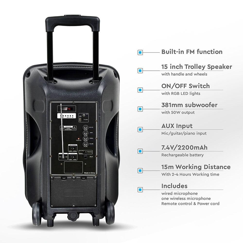 VT-6315 50W RECHARGEABLE TROLLEY SPEAKER WITH MICROPHONES-RF CONTROL-RGB