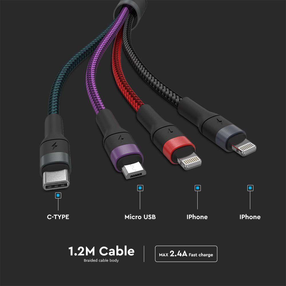 Przewód USB z adapterem 3w1 typ: C, Micro, Lightning, Fast Charging, 1.2m, Czarny, VTAC, SKU 7748