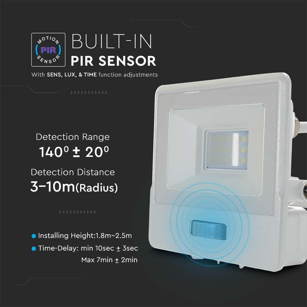 10W Naświetlacz LED SMD z czujnikiem ruchu, Chip SAMSUNG, Przewód: 1m, Barwa:6500K, Obudowa: Biała, VTAC, SKU 20294