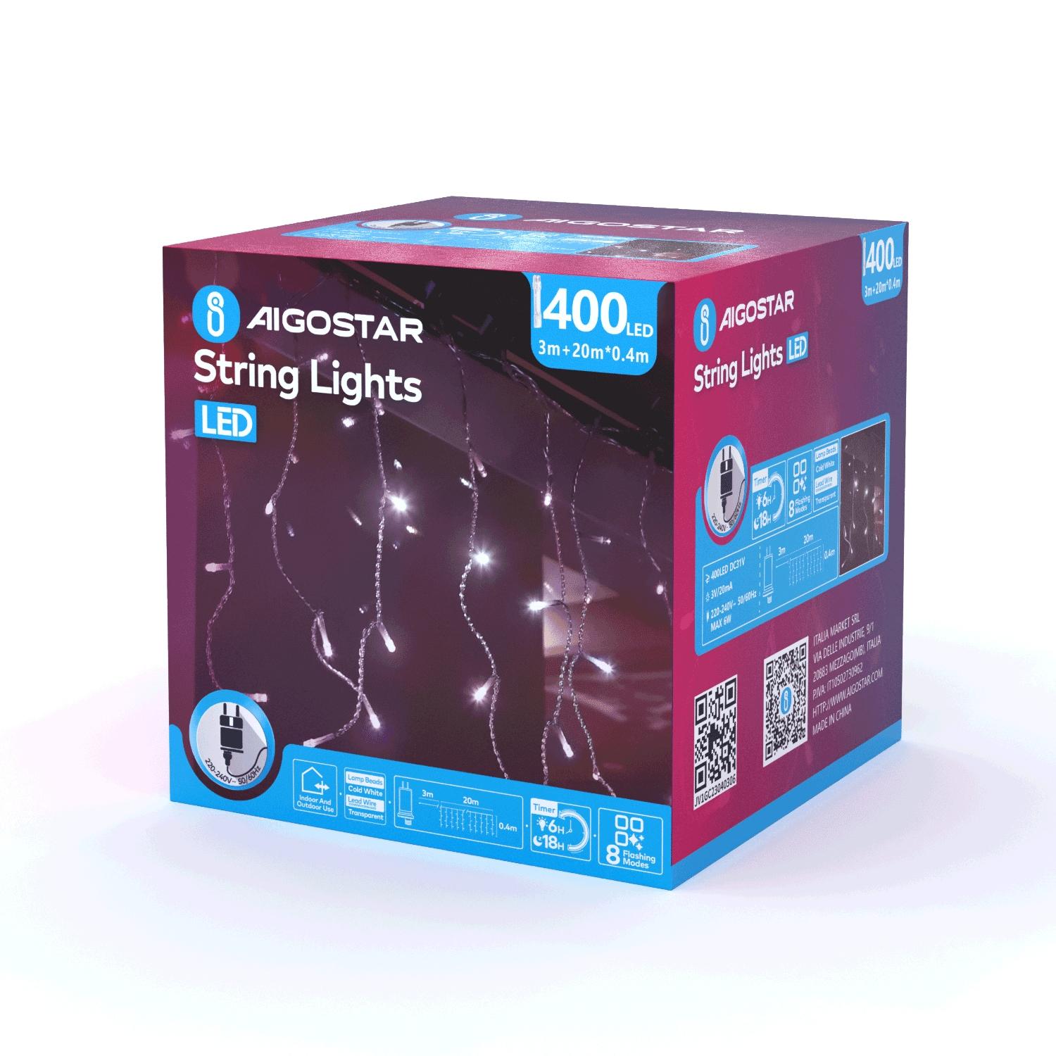 Low voltage icicle (flush) flat string lights, cold white, 20m*0.4m