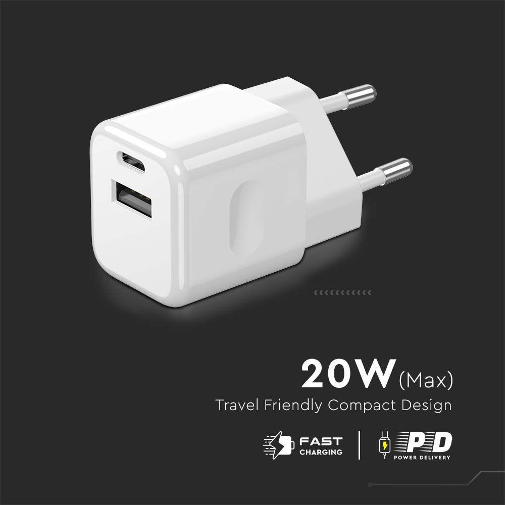 Ładowarka Sieciowa Fast Charger USB + USB C, 20W, Power Delivery, Wtyczka EU, Biała, VTAC, SKU 6678