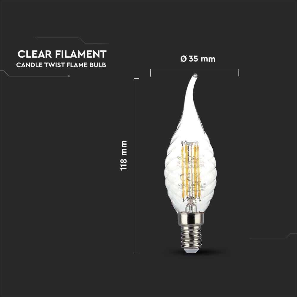 4W CF37 Żarówka LED Filament Twist, Klosz Transparentny, Barwa:3000K, Trzonek:E14, VTAC, SKU 214308