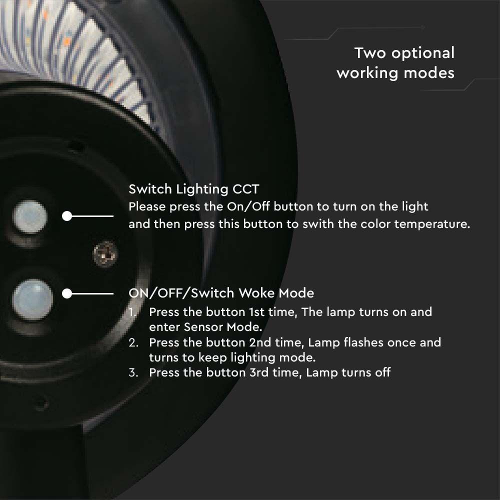 15W Lampa Ścienna LED Solarna, Bateria: LiFePO4 3.2V 6000mA, Barwa: 6000K+4000K, Kolor: Czarny   , VTAC, SKU 23004