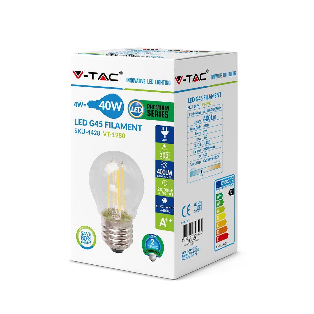 4W G45 Żarówka LED Filament, Klosz Transparentny, Barwa:6400K, Trzonek:E27, VTAC, SKU 4428