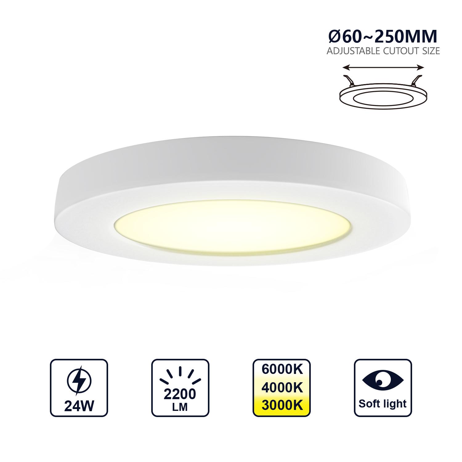 Downlight okrągły LED E6 24W Regulowana wielkość i temperatura koloru (24W,3000K/4000K/6000K,2200lm)