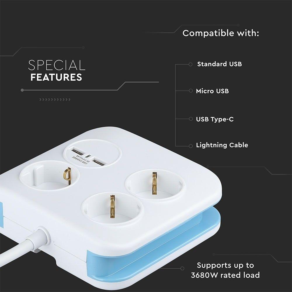 Przedłużacz mieszkaniowy 3 GN. Z portem 2xUSB, 3x1.5 X 1.4M, Biały, VTAC, SKU 8799