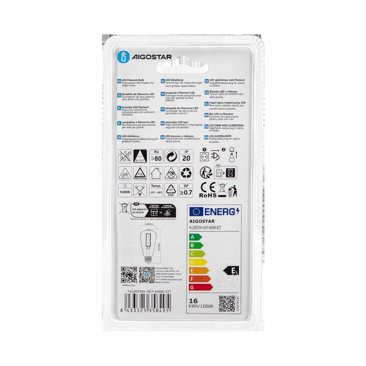 LED Filament Bulb (Clear) ST64 E27 16W