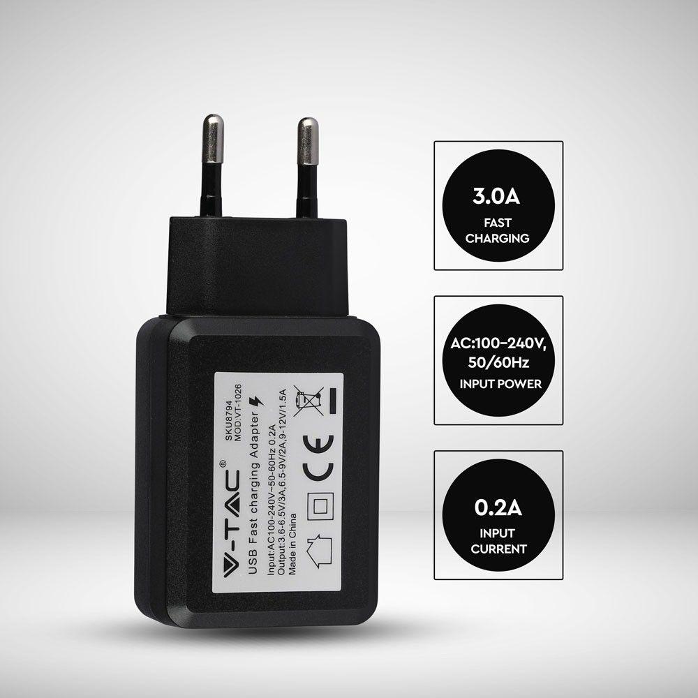 Ładowarka USB QC 3.0 , Czarny, VTAC, SKU 8794