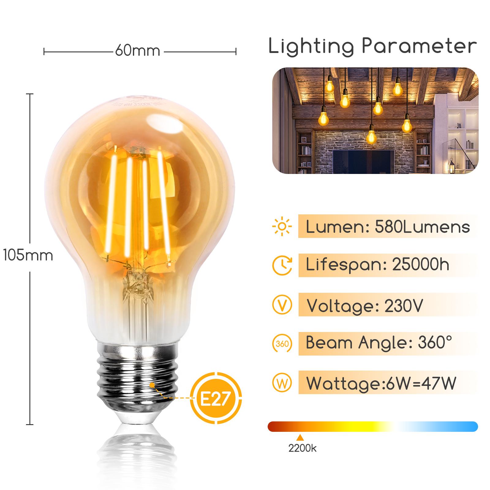 LED Filament Bulb (Amber) A60 E27 6W