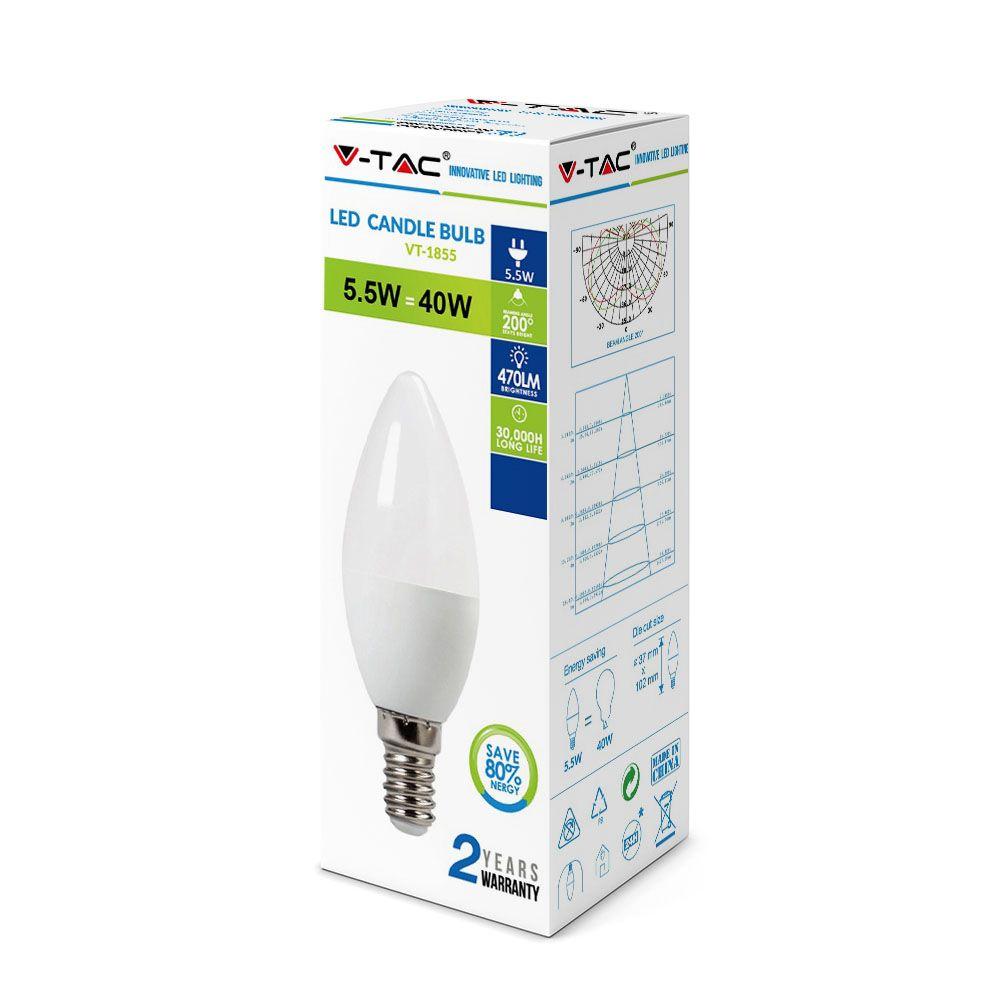 5.5W Żarówka LED C35, Barwa:6400K, Trzonek: E14, VTAC, SKU 42411