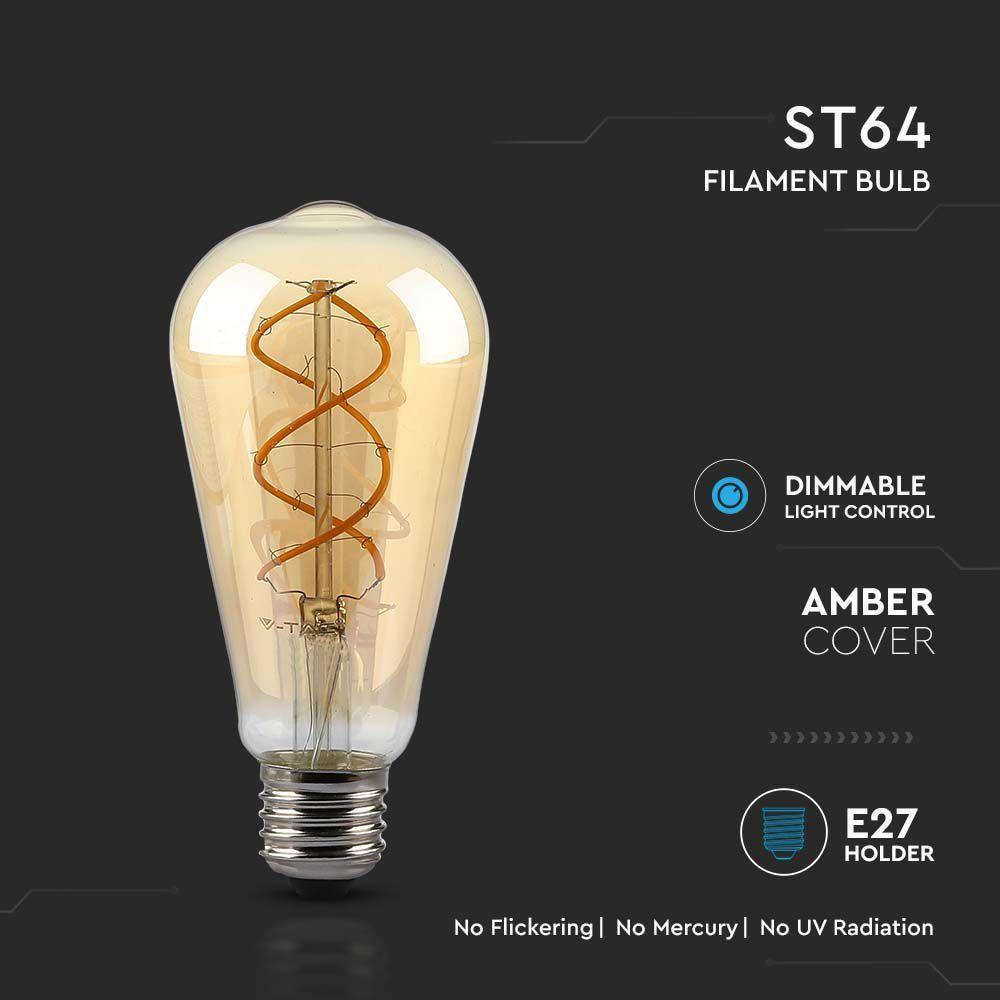 4.8W ST64 Żarówka LED Filament, Barwa:2200K, Klosz Bursztynowy, Ściemniana, Trzonek:E27, VTAC, SKU 217416