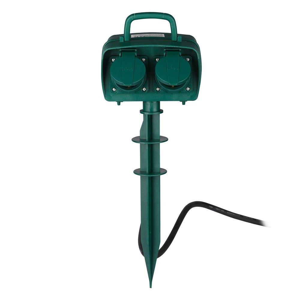 VT-1112-3 2 WAYS GARDEN SPIKE SOCKET WITH TIMER(3G1.5MMX3M)-IP44-GREEN