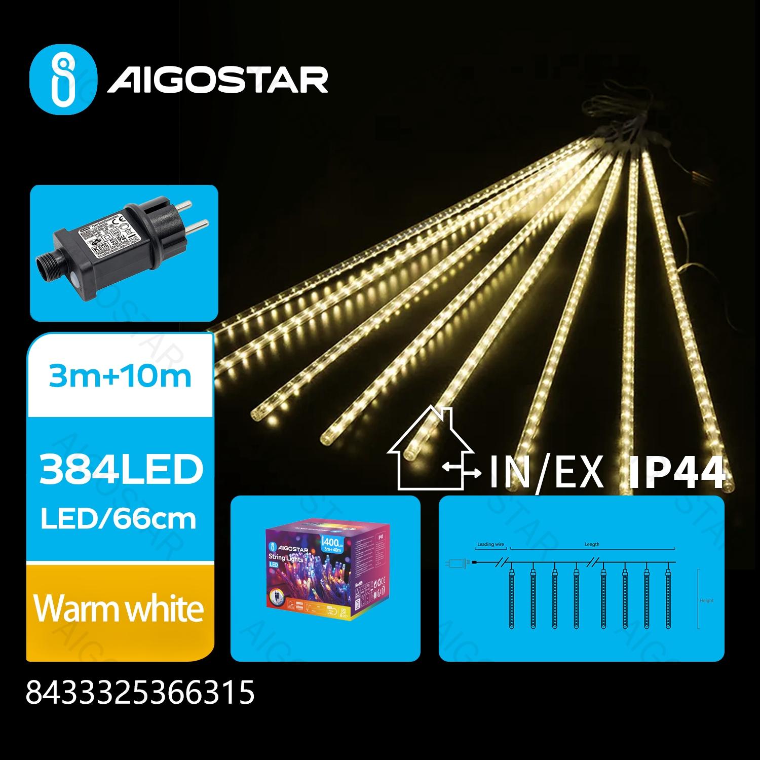 Low Voltage Meteor Shower String Lights 30cm-Warm White-3M+10M-384LED-16strings-transparent wire-Time+IP44