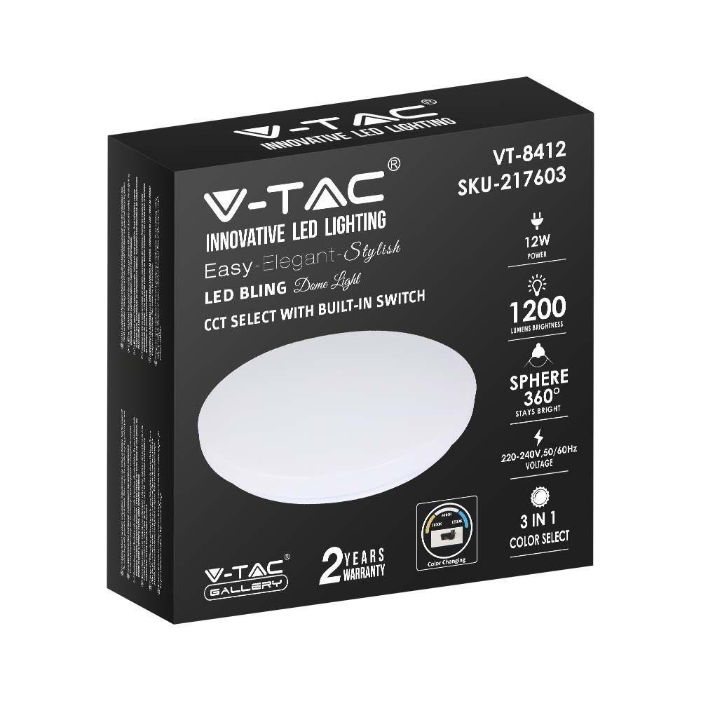 VT-8412 12W LED DOME LIGHT 230MM MILKY COVER CCT 3IN1 ROUND