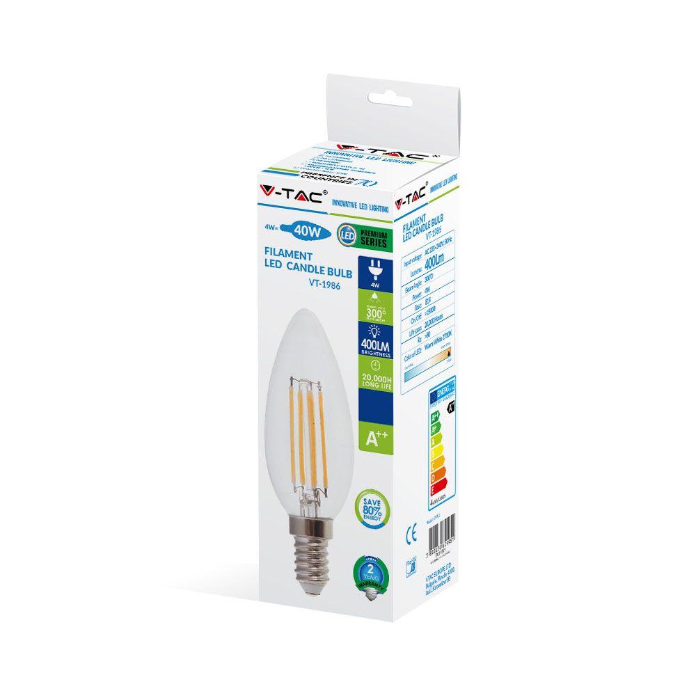 4W C35 Żarówka LED Filament, Barwa:6400K, Trzonek:E14, VTAC, SKU 4414