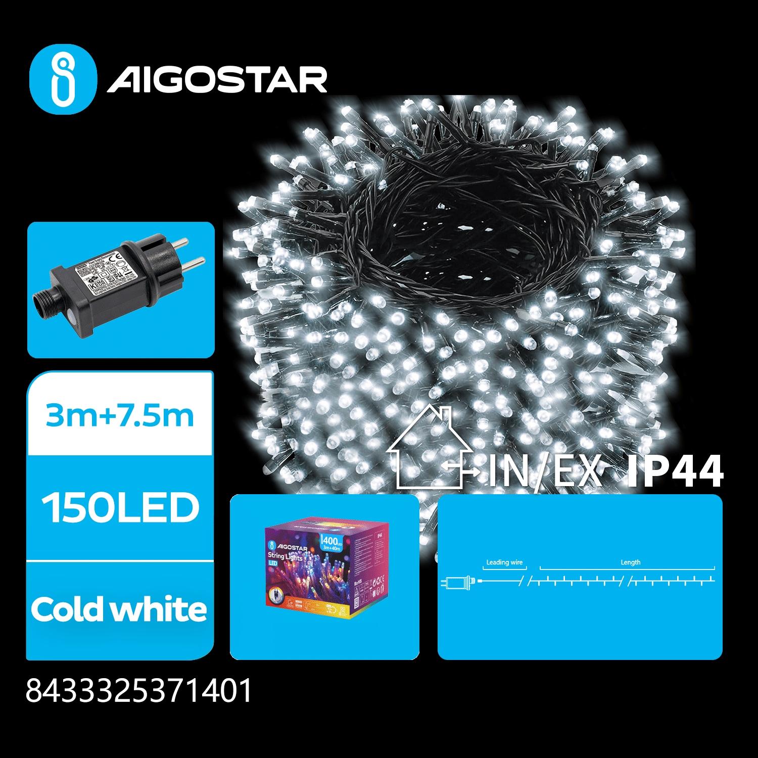 Low Voltage Flat String Lights-Cool White-3M+7.5M-150LED-5CM/LED-green black wire-8blink+time+IP44