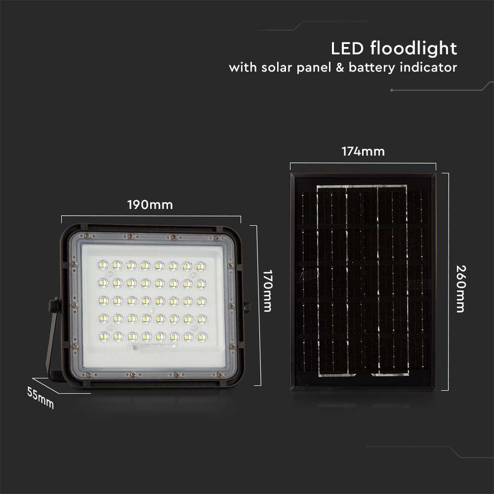 6W Solarny naświetlacz LED z czujnikiem zmierzchu, Panel z przewodem: 3m, Pilot, Bateria 5000mAh/ Barwa:6400K, Obudowa: Czarna, VTAC, SKU 7821