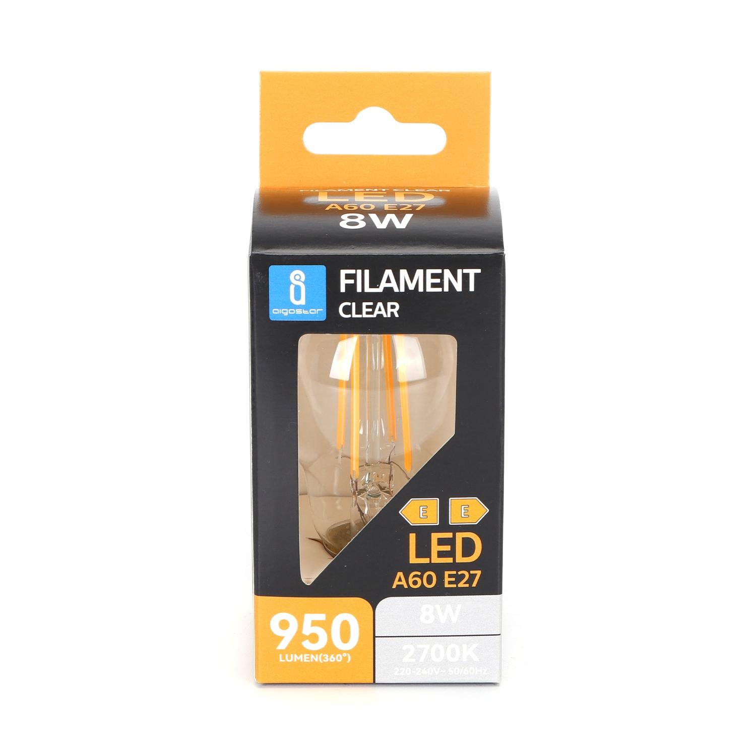 Żarówka LED Filament (Przezroczysta) A60 E27 8W(8W,E27,2700K,950lm)